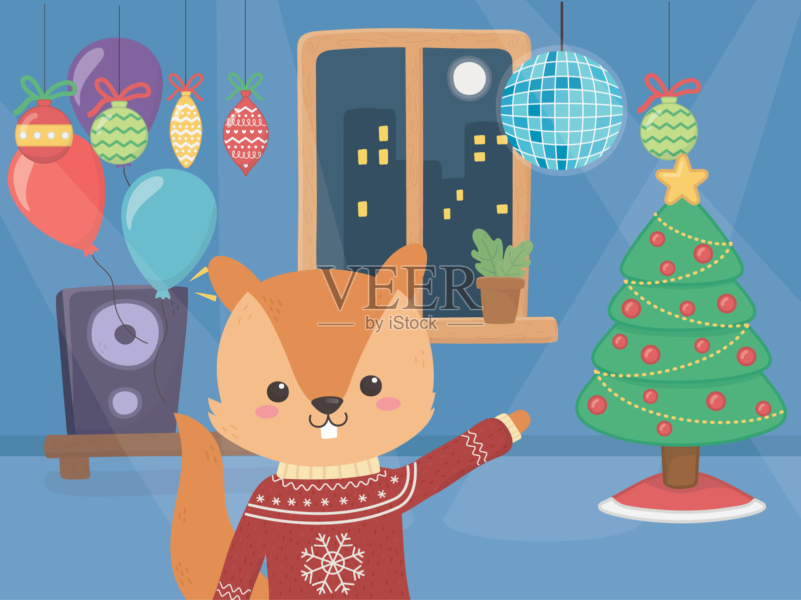 用圣诞树庆祝松鼠圣诞快乐插画图片素材