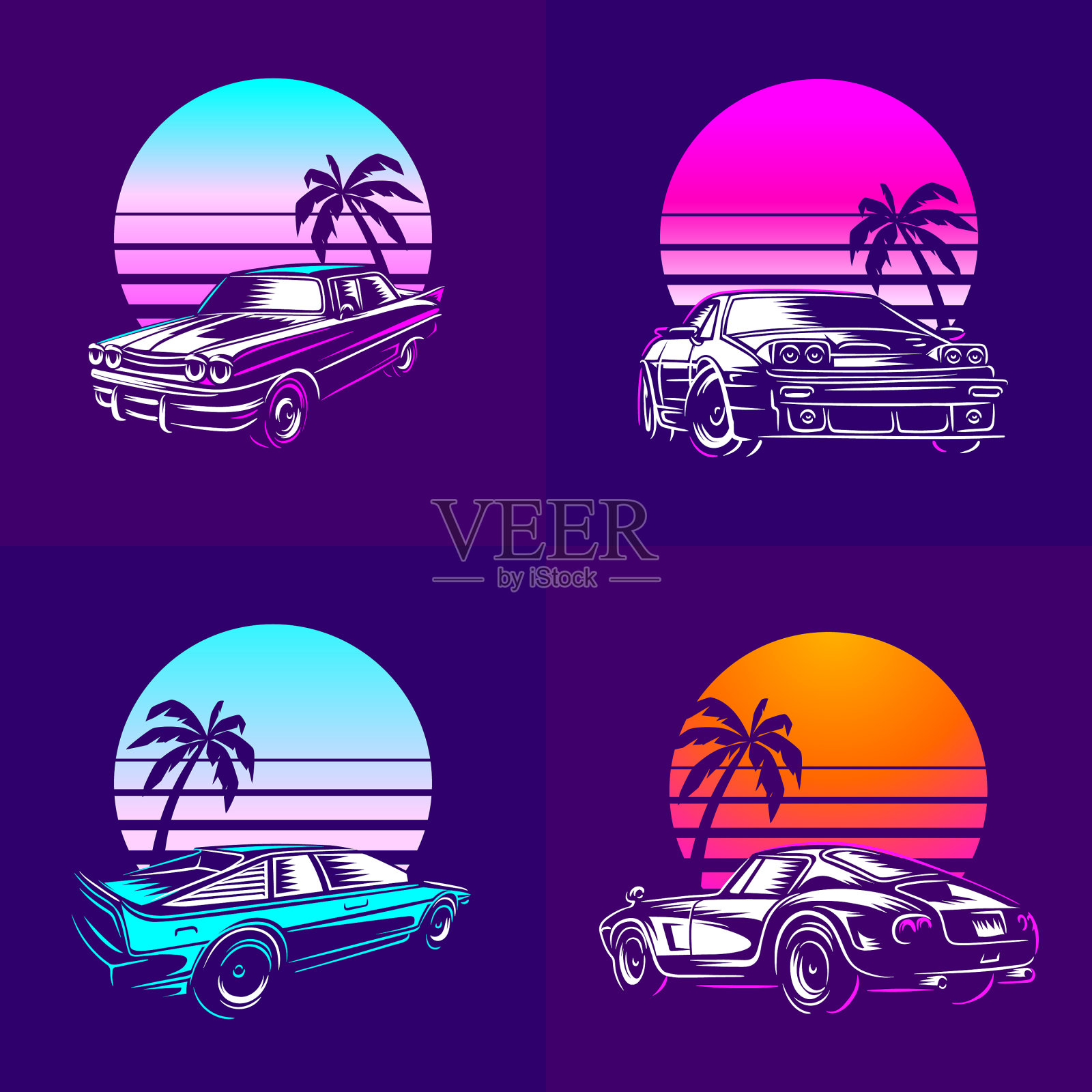 旧的和复古的汽车套装插画图片素材