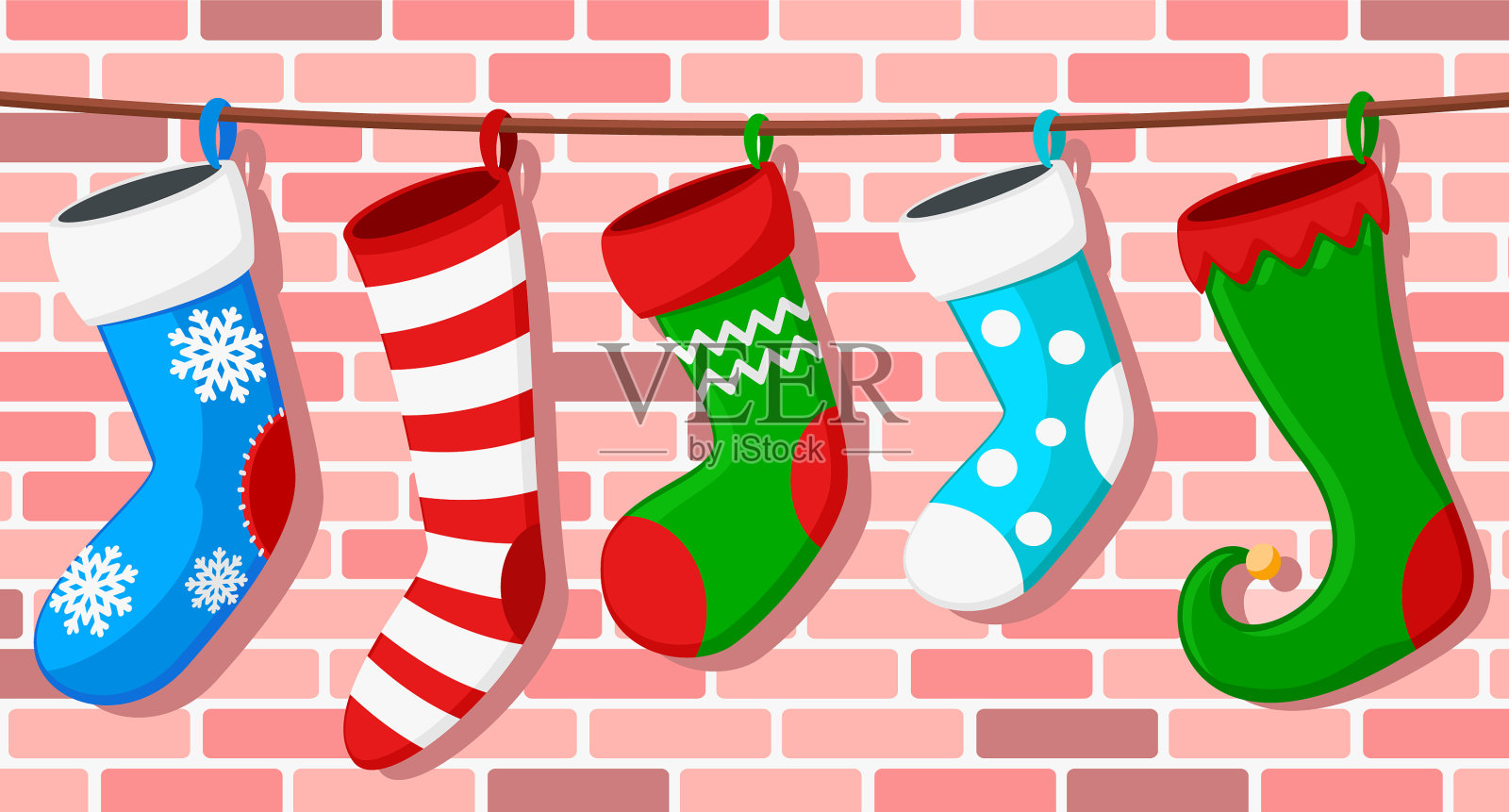 把挂在绳子上的圣诞袜系在一起插画图片素材