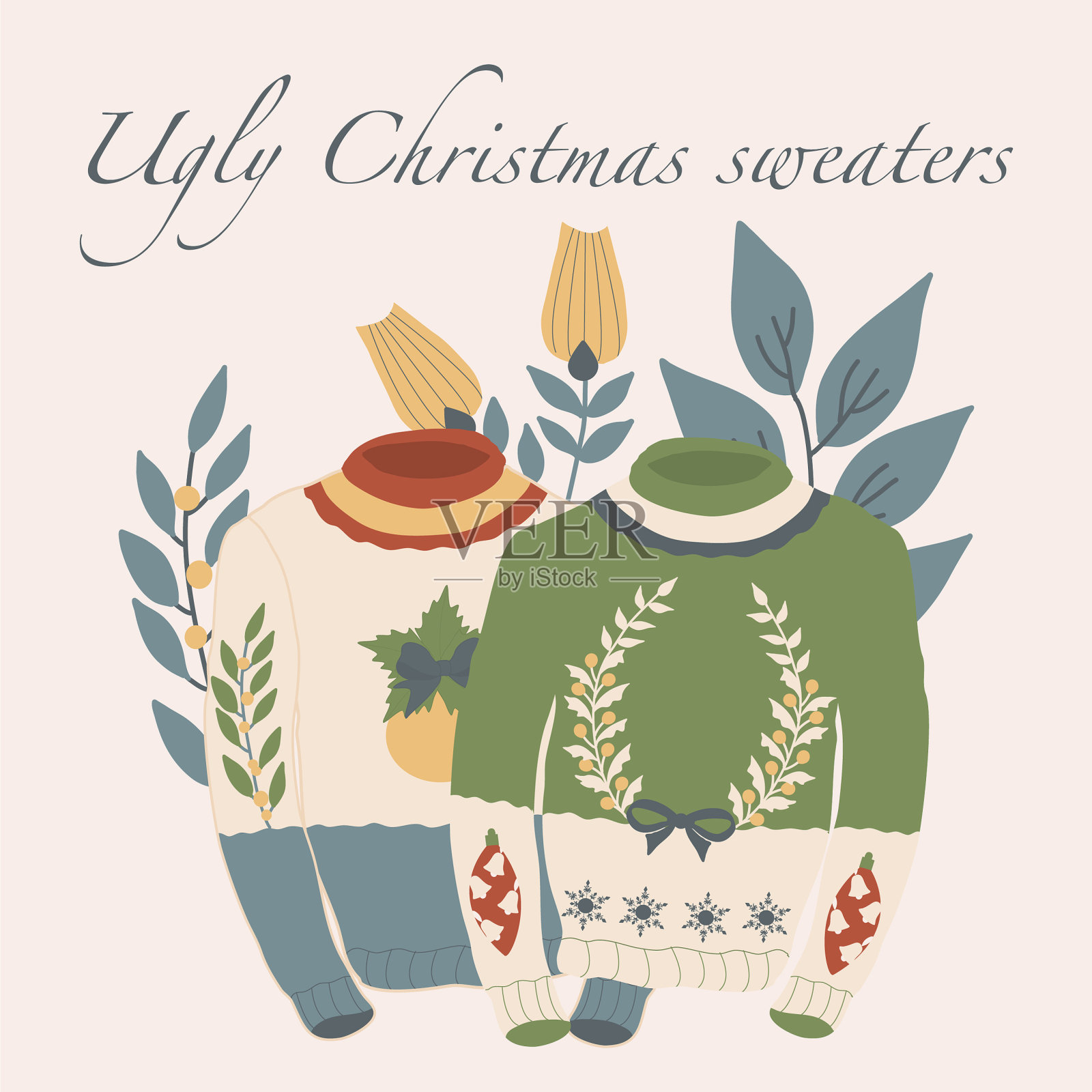 带着圣诞水和鲜花插画图片素材