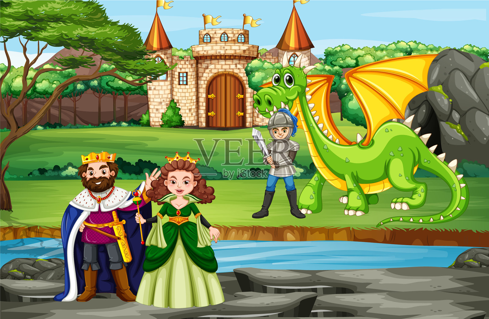 国王和王后在城堡的场景插画图片素材