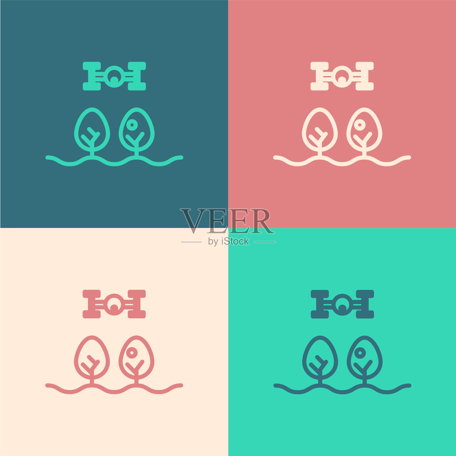 彩色线智能农场与无人机控制和树木图标素材