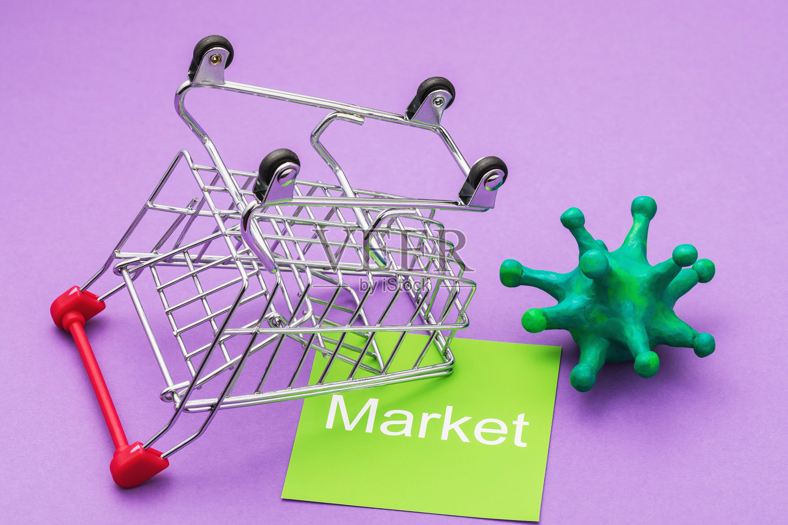 倒置的购物篮，一个带有文字的便条，紫色背景上是一个玩具冠状病毒。与covid-19大流行相关的市场下跌概念照片摄影图片