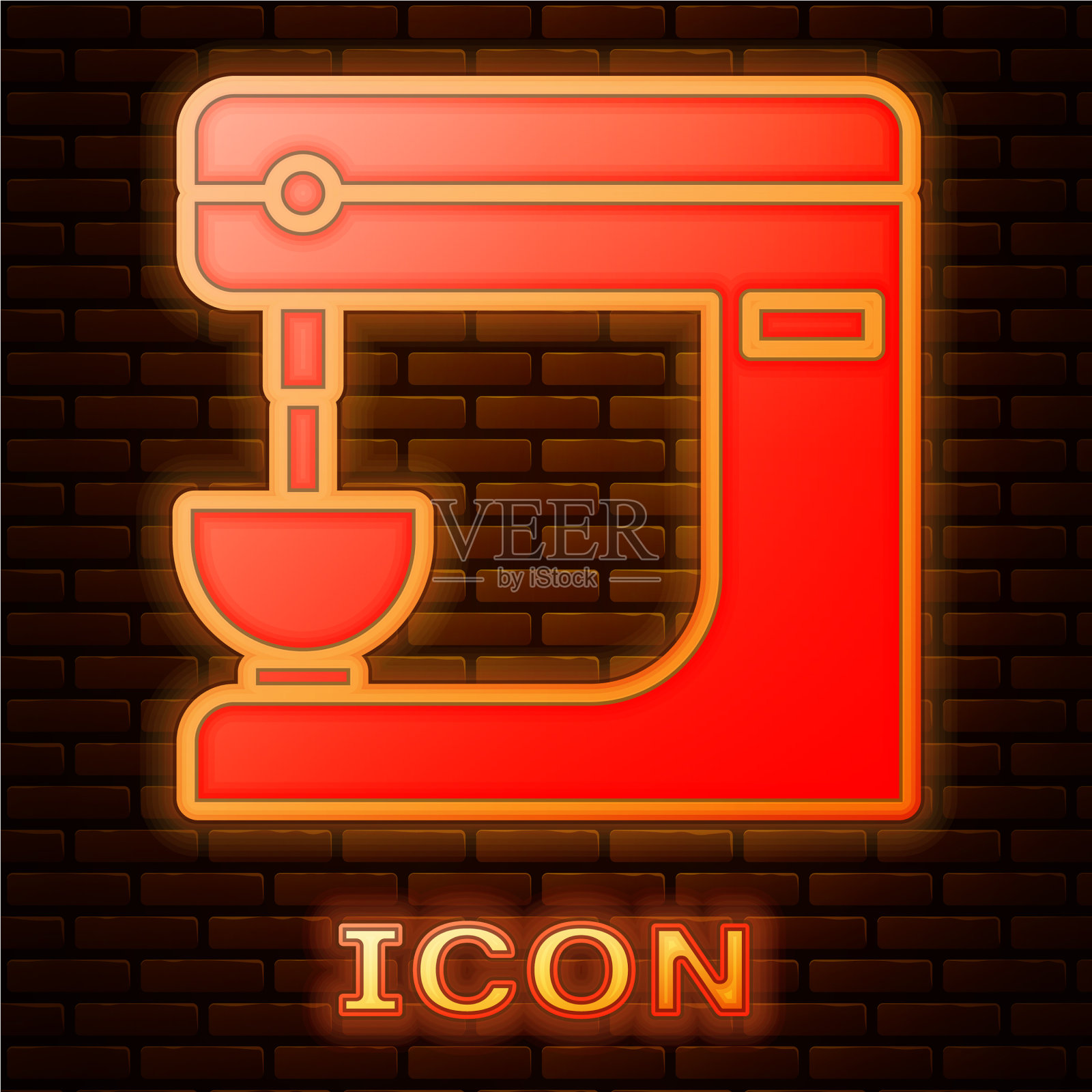 发光的霓虹灯电动混合器图标隔离在砖块上图标素材