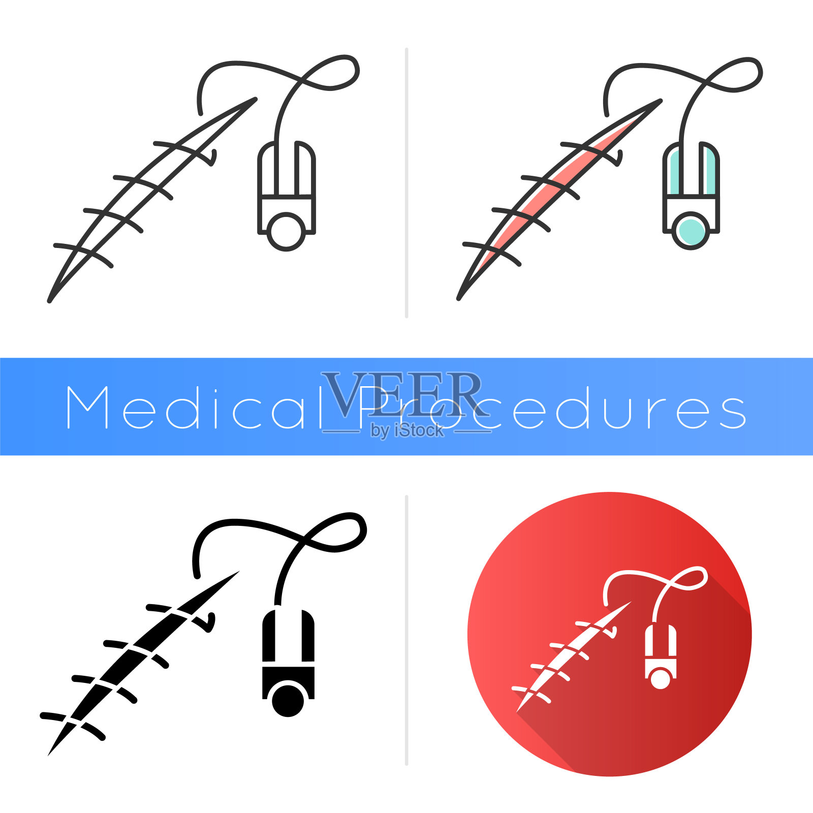 缝合图标。缝合装置。医疗手术。伤口的治疗。急救。损伤愈合。卫生保健。明挖的帮助。平面设计，线性和色彩风格。孤立的矢量插图插画图片素材