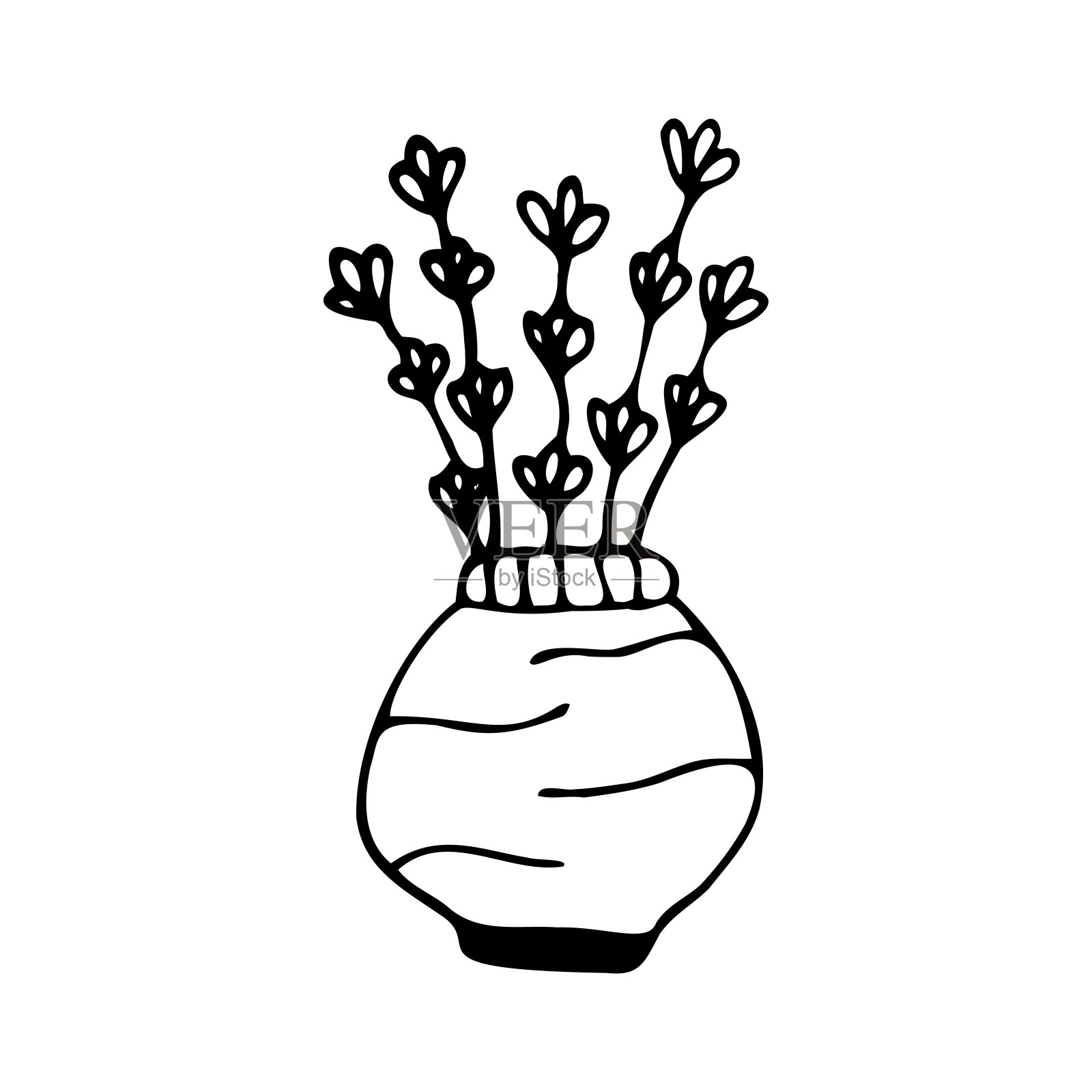 花瓶上的手绘花朵孤立在白色的背景上。涂鸦，简单的大纲插图。可用于纺织品、纸张等表面的装饰。插画图片素材