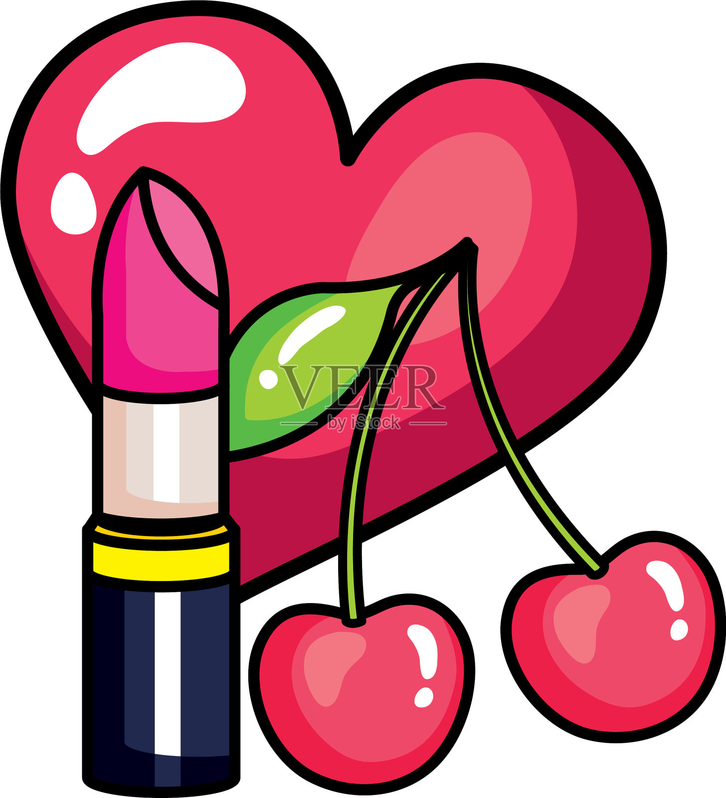樱桃和心形流行艺术风格的口红设计元素图片