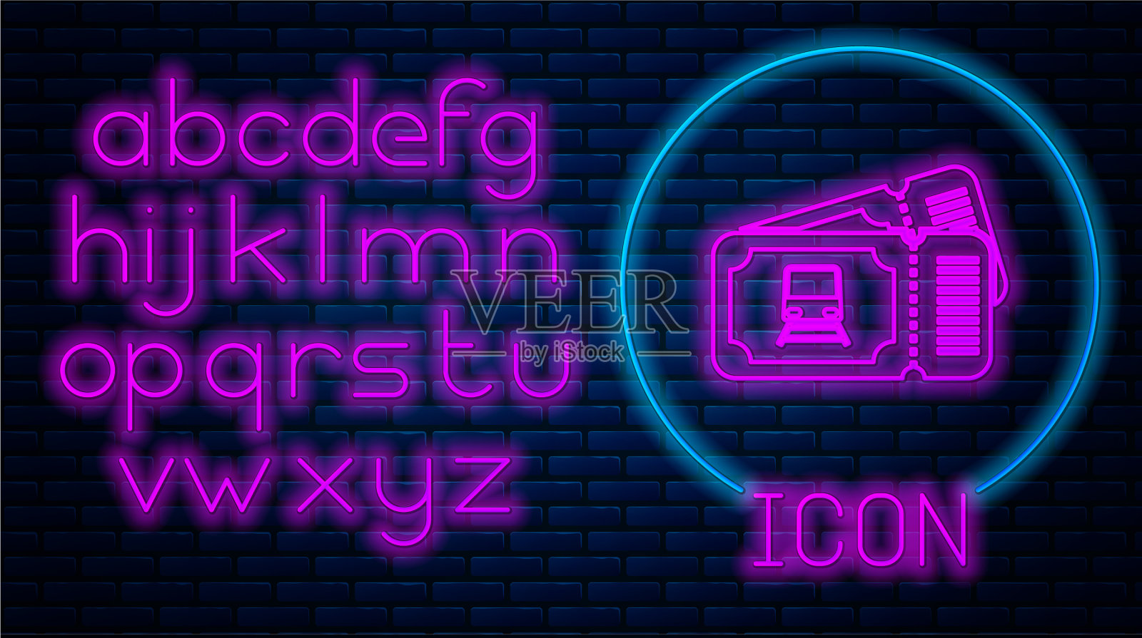 发光的霓虹灯火车票图标孤立在砖块上图标素材