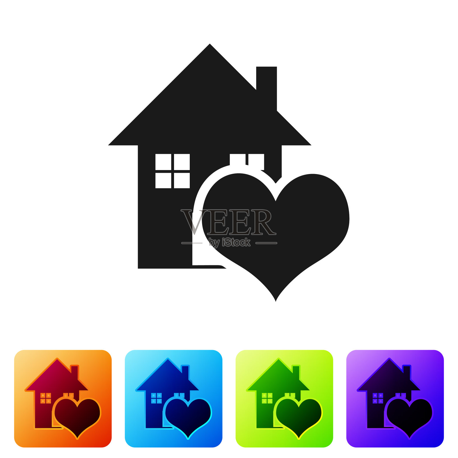 黑色房子与心形图标孤立图标素材