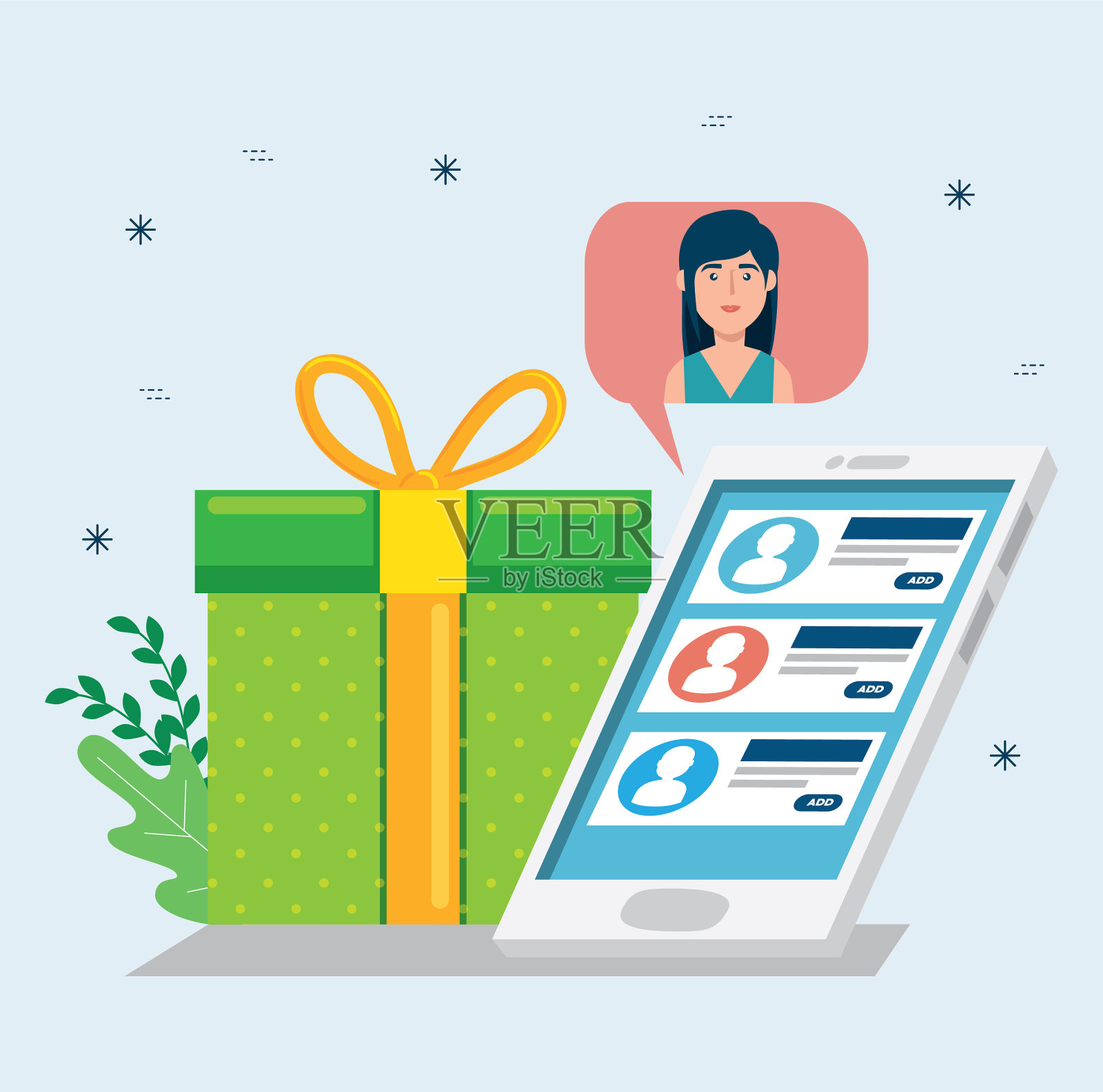 女人在语音泡泡里拿着智能手机和礼物插画图片素材