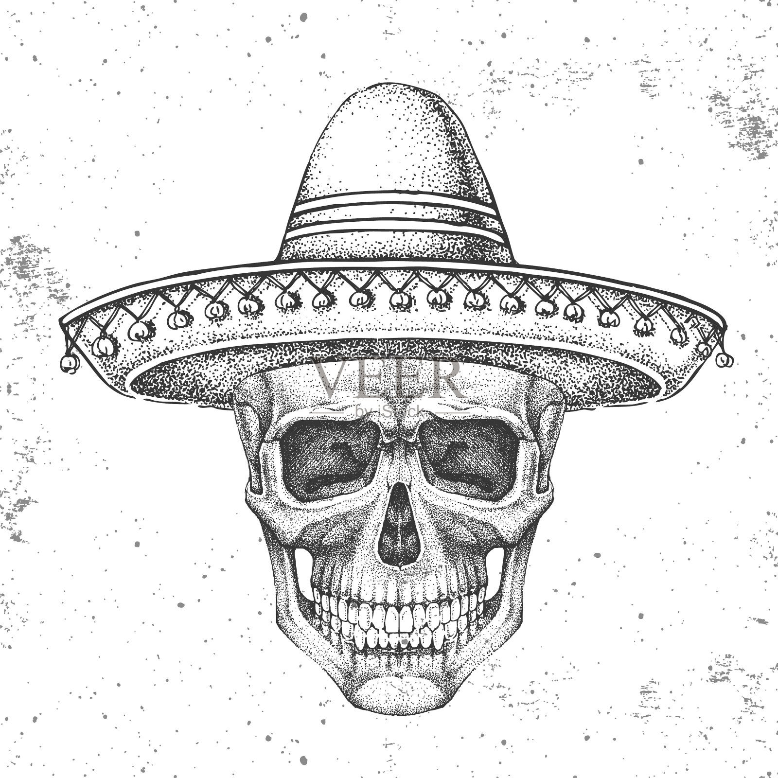 手画时髦的头骨与宽边帽插画图片素材