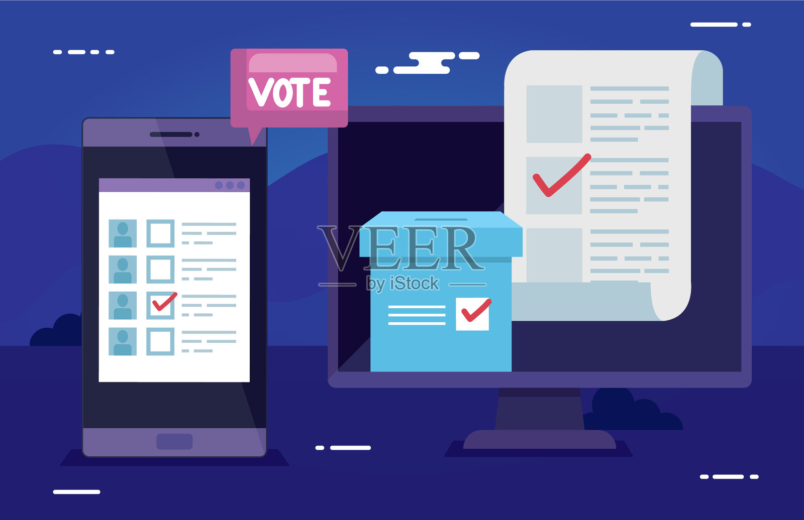 电脑和智能手机进行在线投票插画图片素材
