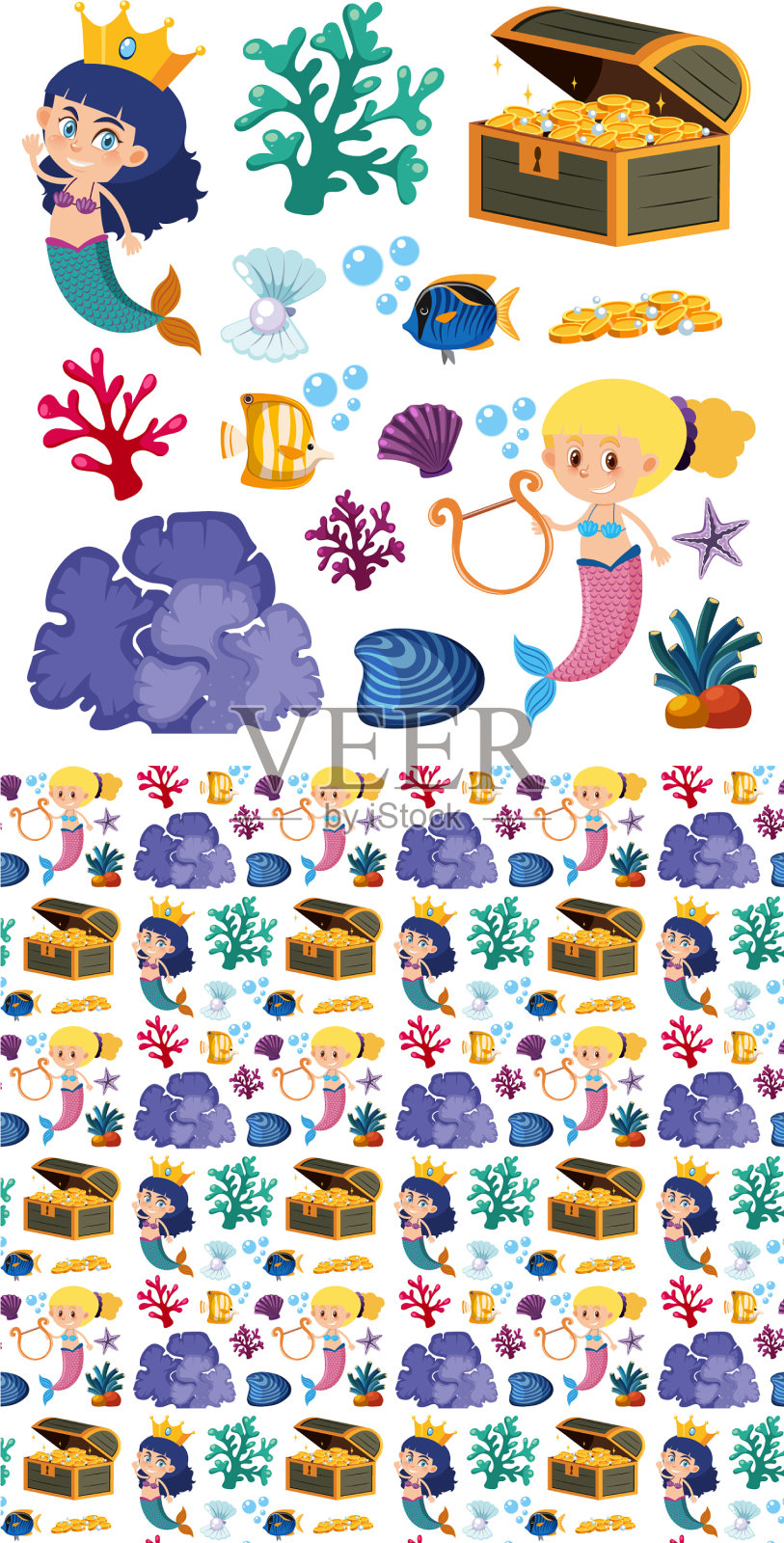无缝背景设计与美人鱼插画图片素材