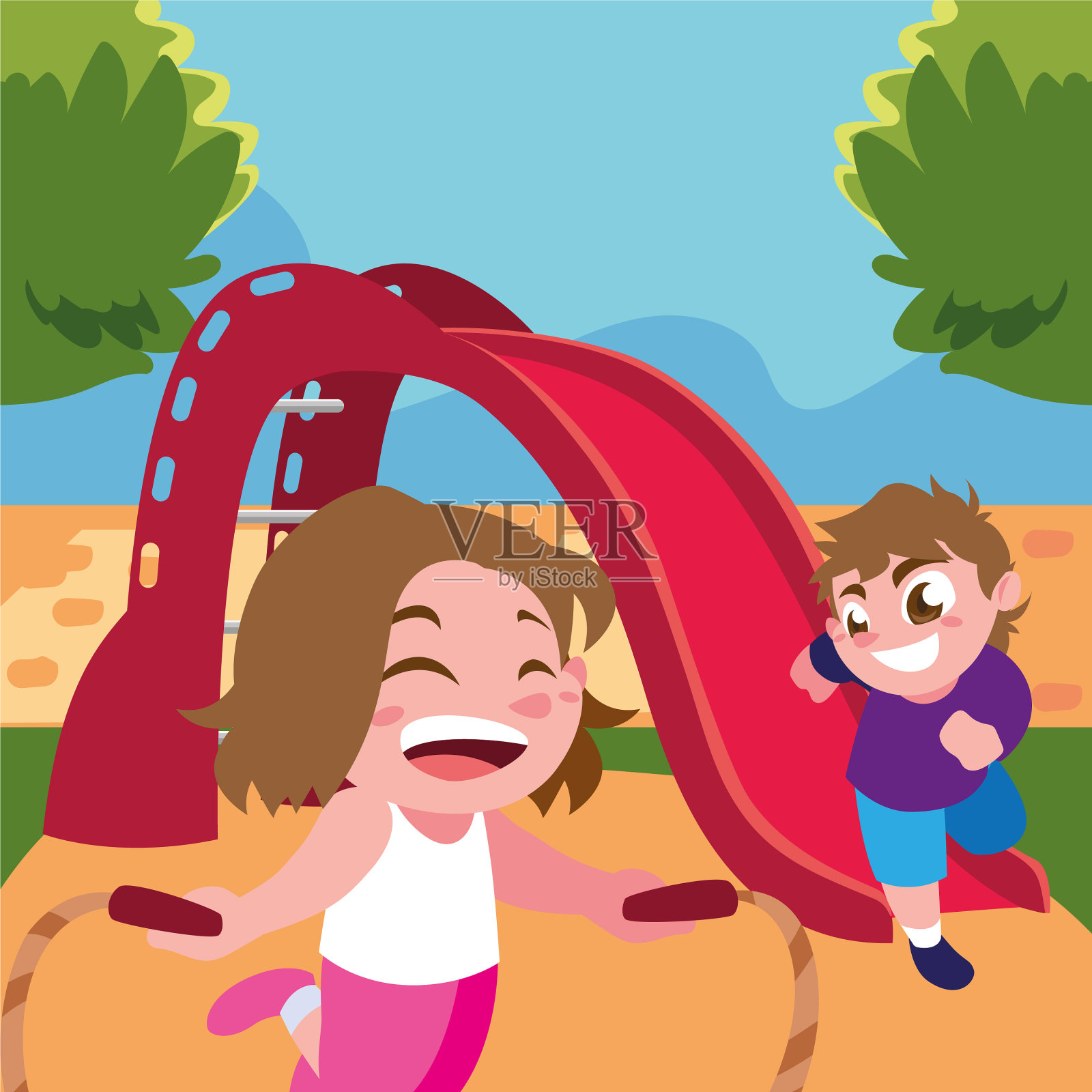孩子们微笑着享受滑梯设计元素图片