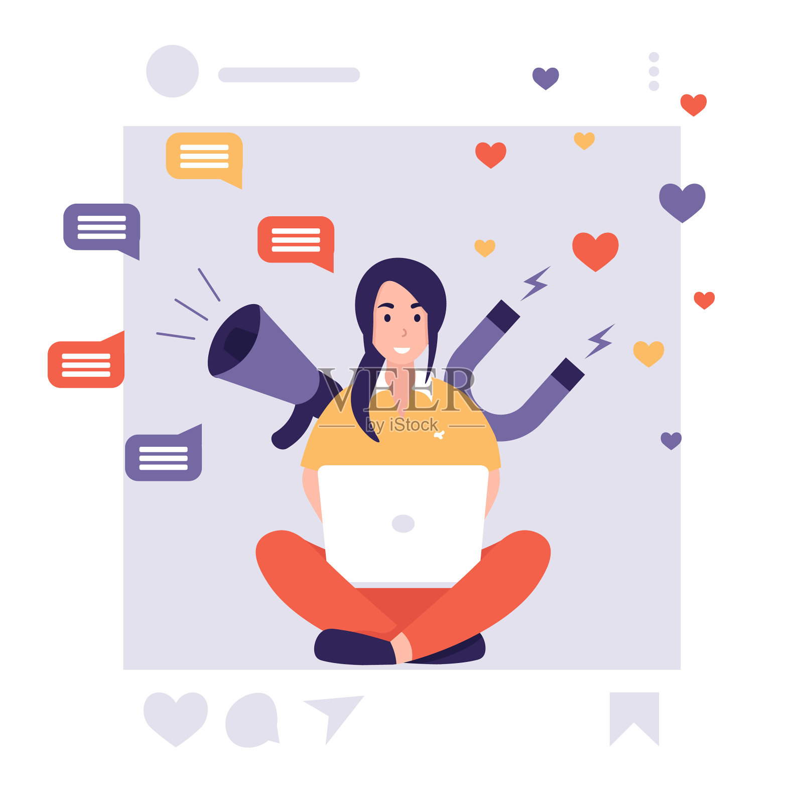 社交媒体上有影响力的女性笔记本手机插画图片素材