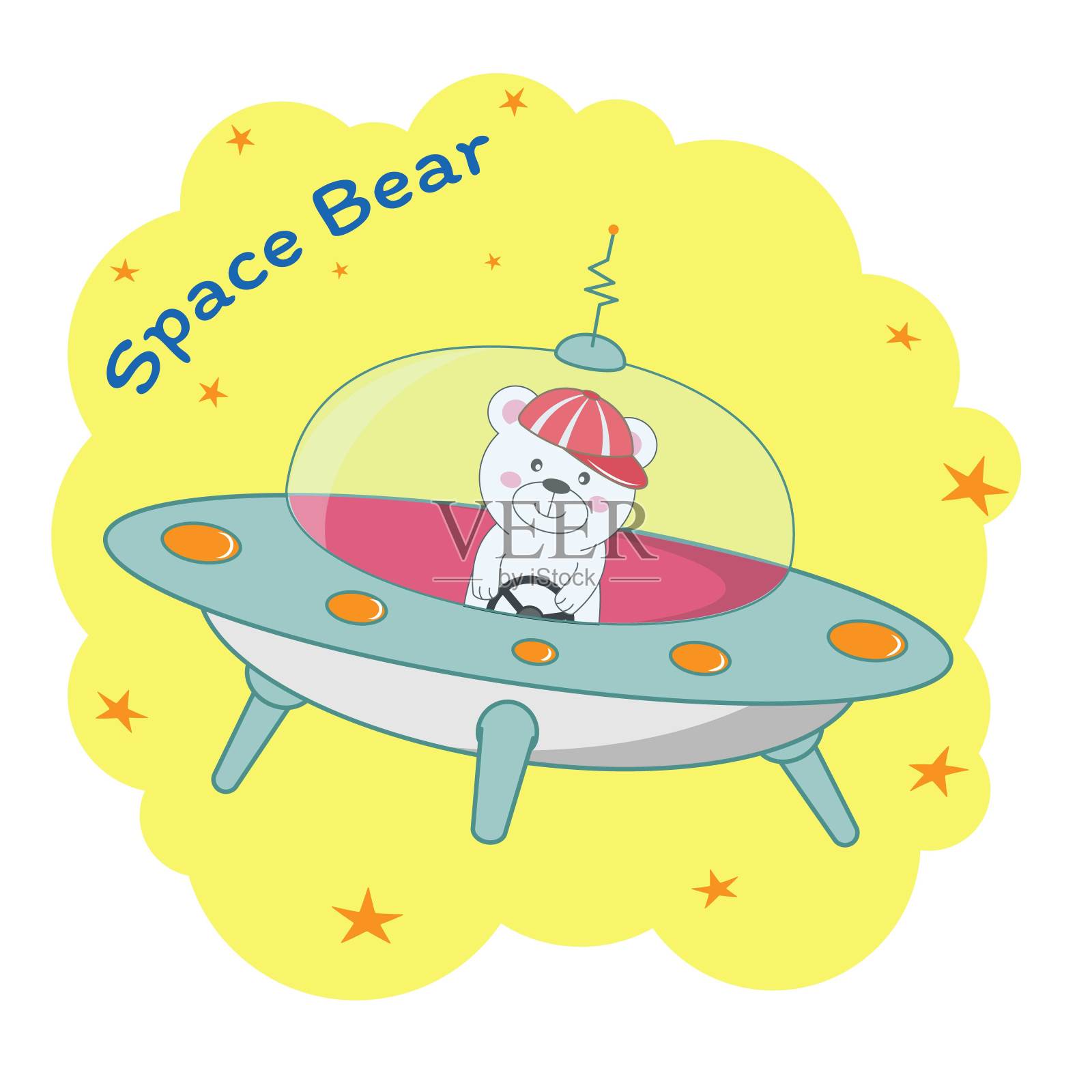 快乐的卡通熊宇航员在太空神秘物体不明飞行物。插画图片素材