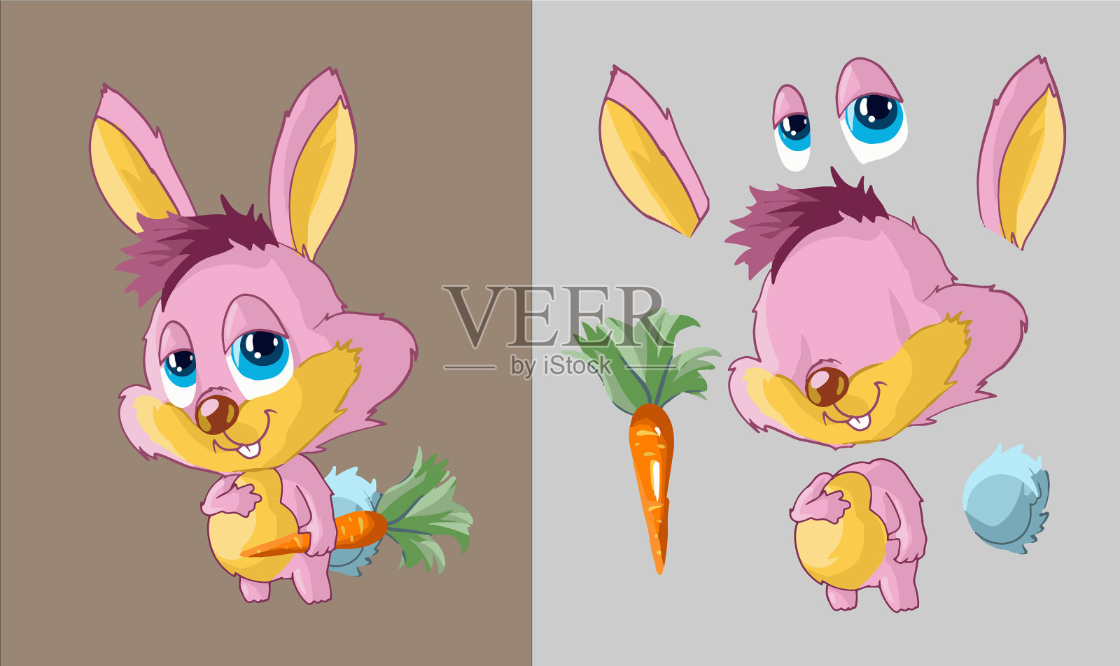 可爱的粉红色兔子，用胡萝卜固定身体部位插画图片素材