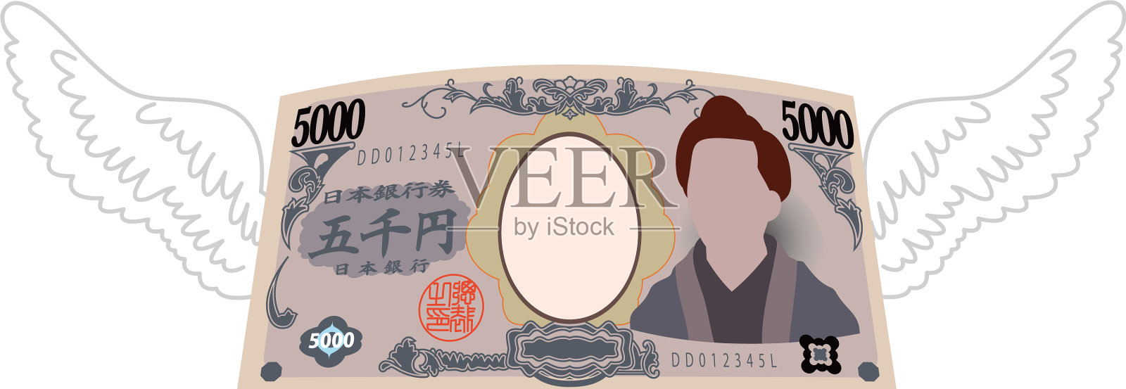 有羽毛的畸形日本5000日元纸币设计元素图片