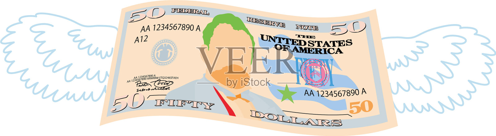 彩色羽毛变形的50美元纸币设计元素图片