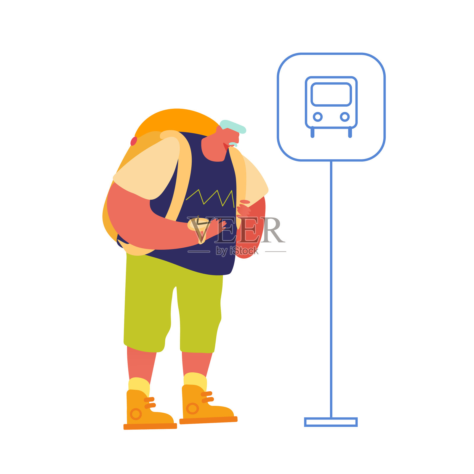 年长的背包客在等待公交车设计元素图片