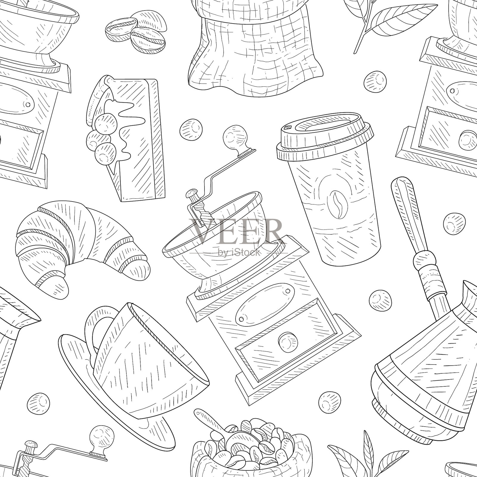 用手绘咖啡无缝图案插画图片素材
