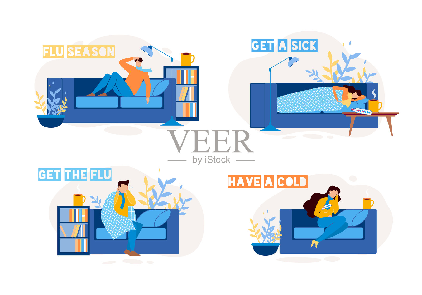 生病的人与流感人物在家里扁平设置插画图片素材
