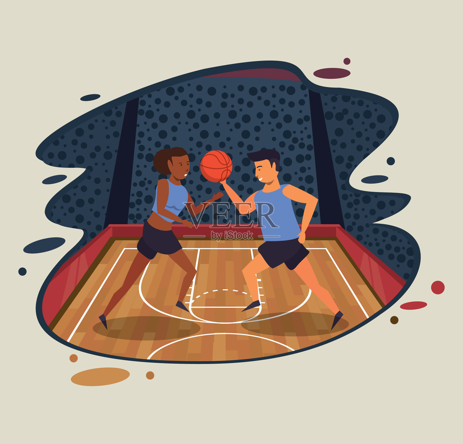 年轻的一对运动员一起打篮球插画图片素材