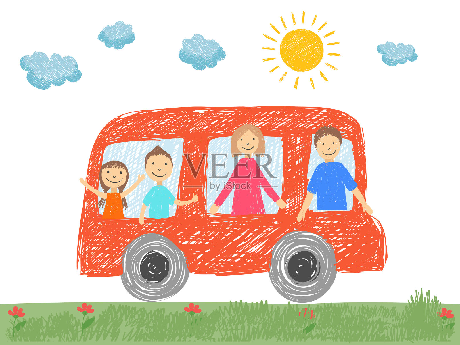 家庭在车爸爸妈妈父母孩子去插画图片素材