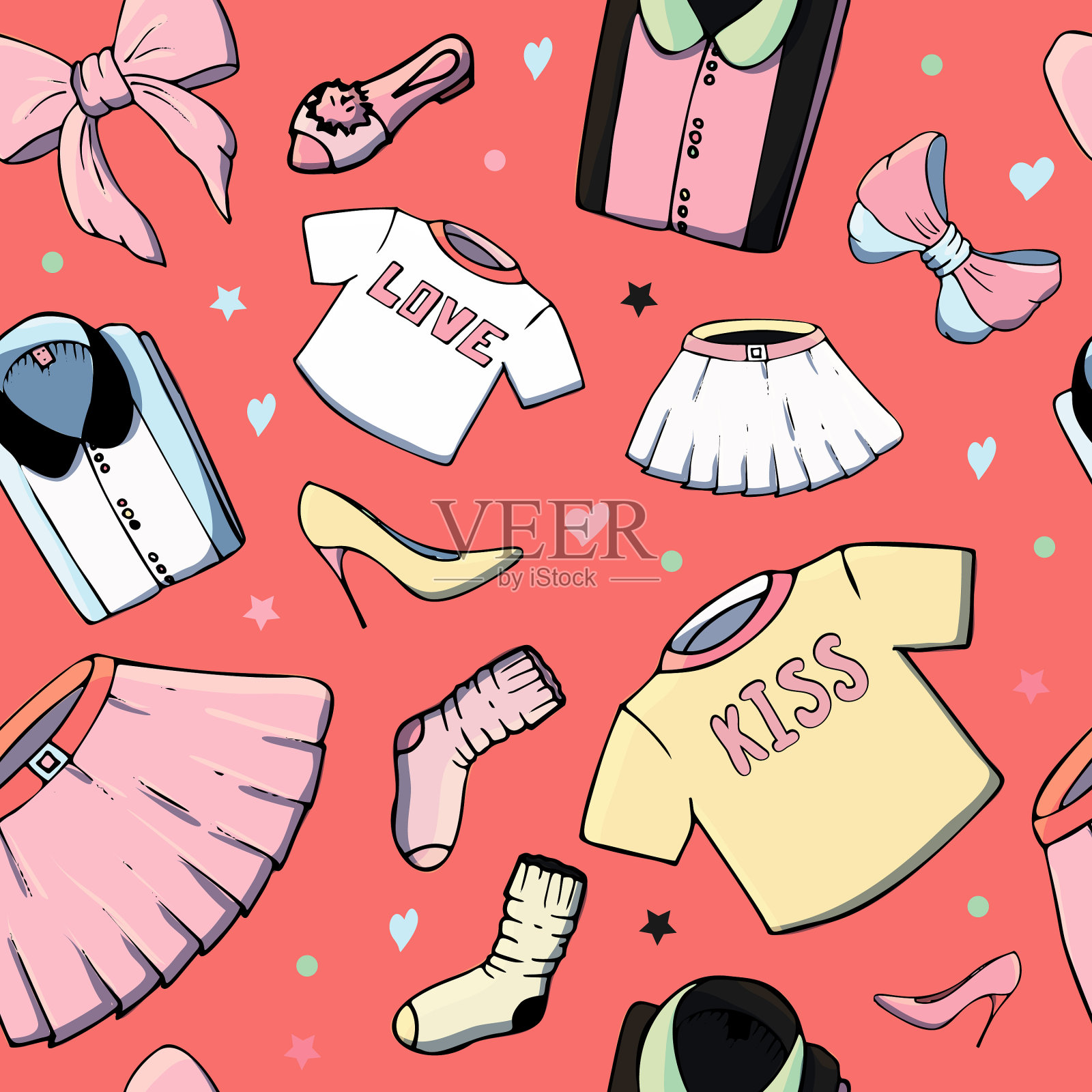 无缝模式与女孩填充时尚插画图片素材