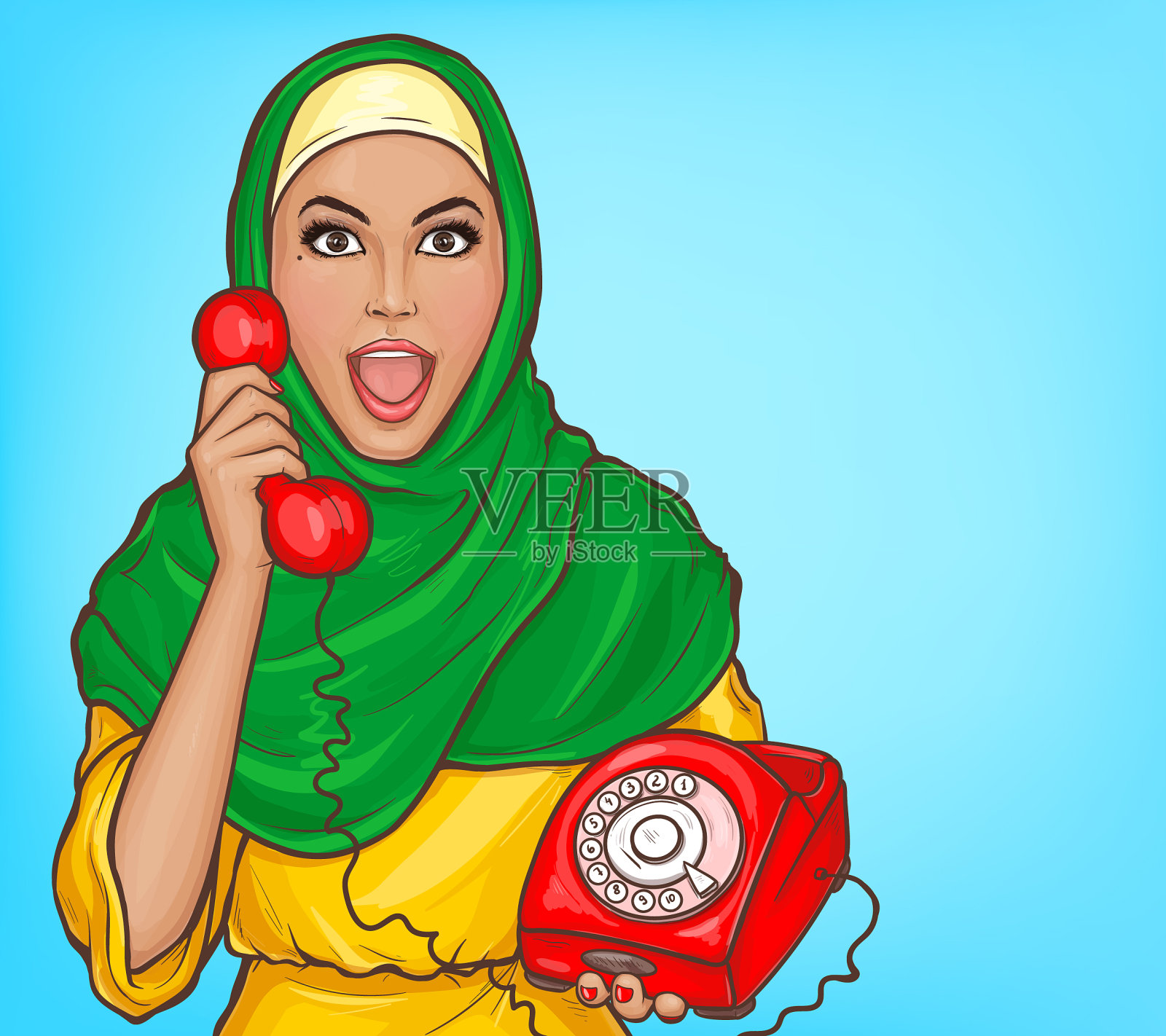 一个戴着头巾的阿拉伯女人在用老式电话说话插画图片素材
