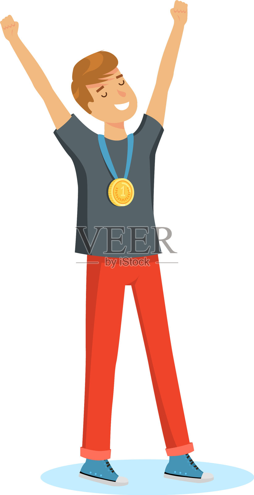 微笑的男孩冠军脖子上戴着金牌设计元素图片