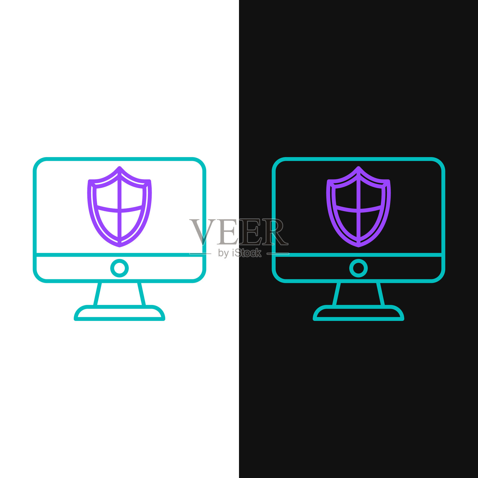 绿色和紫色线计算机显示器和屏蔽插画图片素材