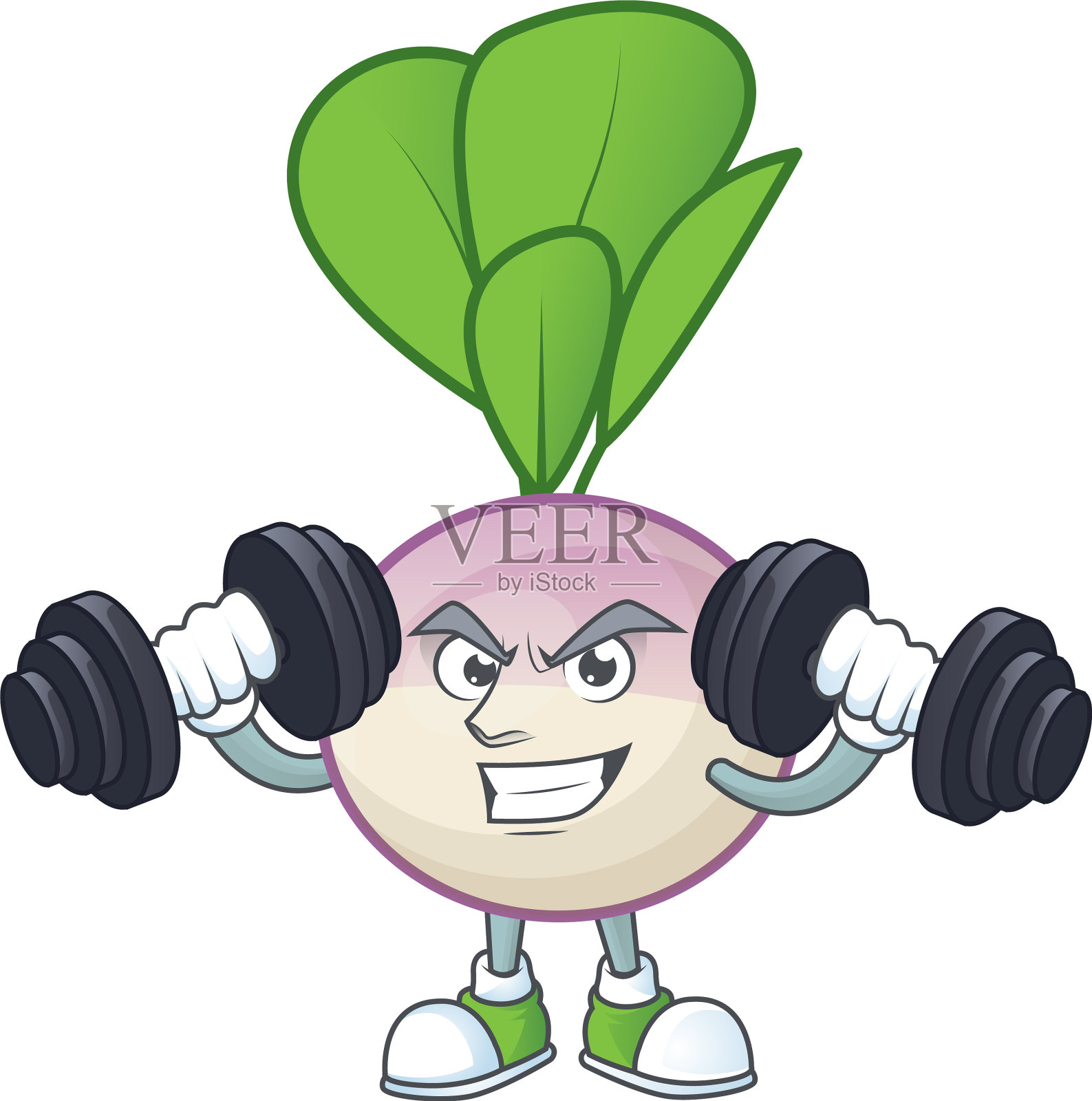 健身运动萝卜吉祥物图标与杠铃设计元素图片