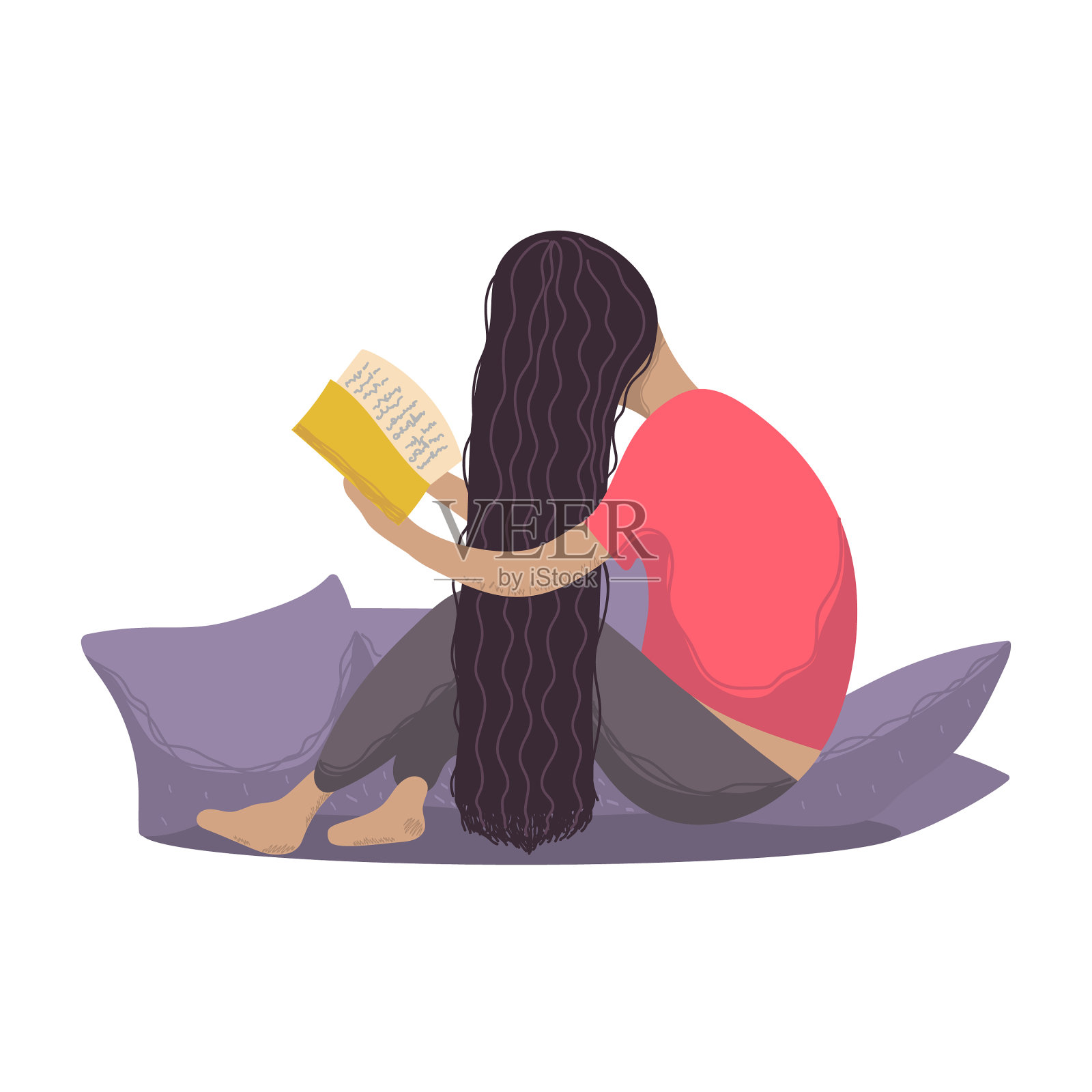 在白色背景上看书的女孩插画图片素材