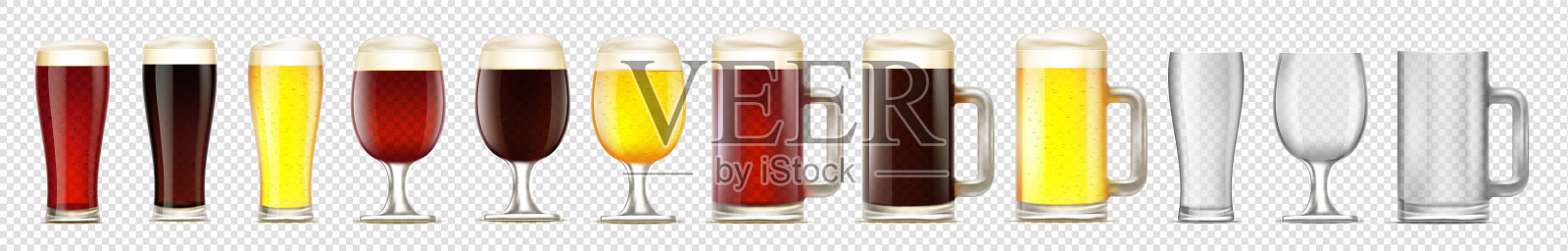 将淡红色和深色啤酒放入玻璃杯和马克杯中插画图片素材