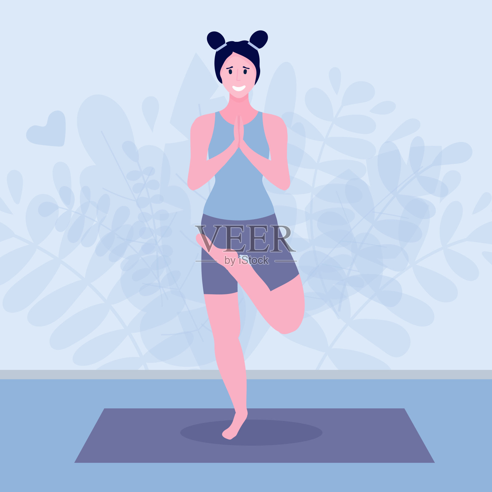 女子训练在花卉背景的运动服。女性角色体育活动。矢量平面插图。隔离或自我隔离期间的健康生活方式概念插画图片素材