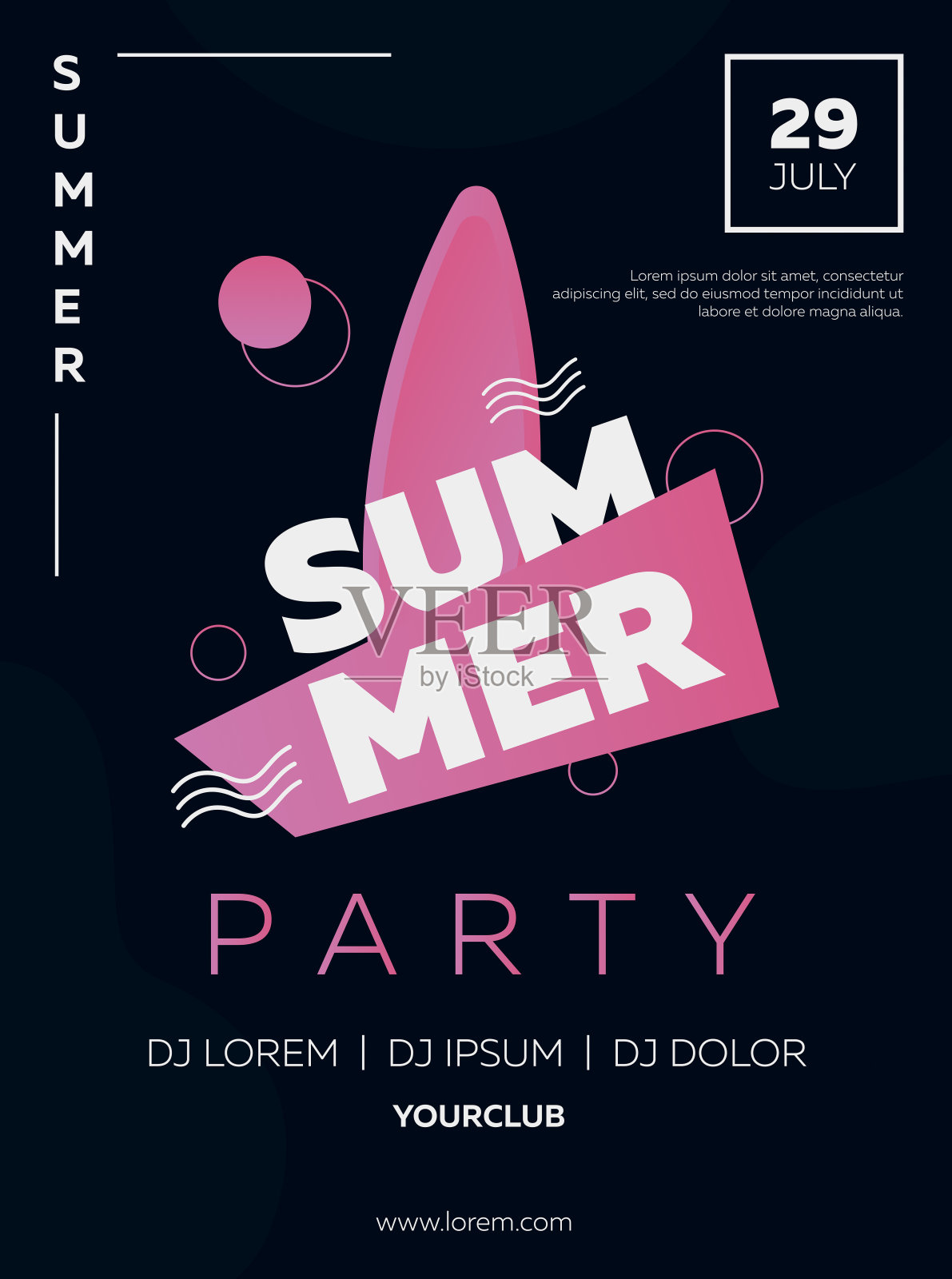 矢量插图，夏季派对，横幅，海报，传单，灵感来自80年代的迪斯科音乐，3d背景，霓虹灯，日落派对。夜总会，太阳，海滩，冲浪板粉红色股票插图设计模板素材