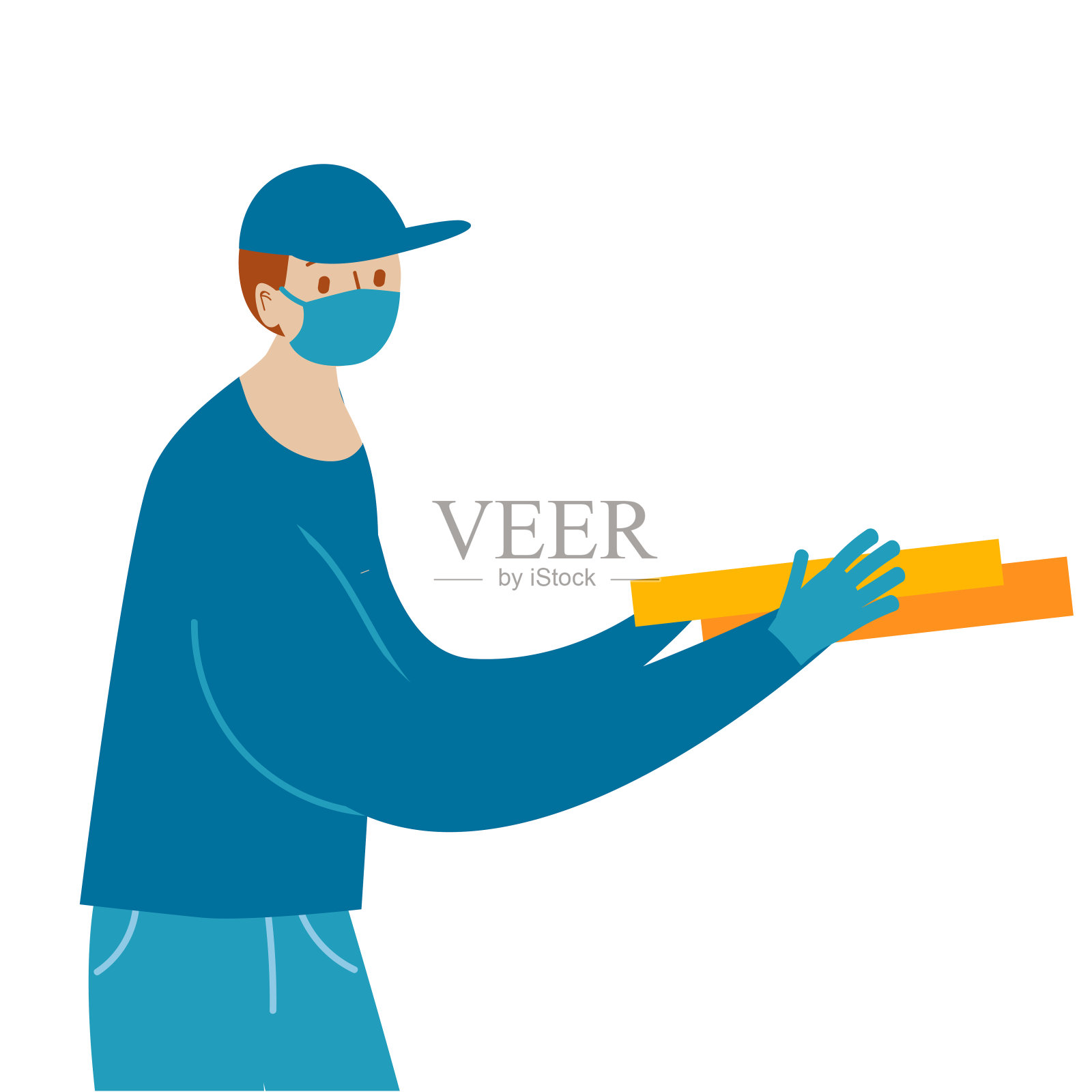 插图快递在医疗口罩和手套带来的披萨。安全的在线食品订购和包裹递送服务食品运输。插画图片素材