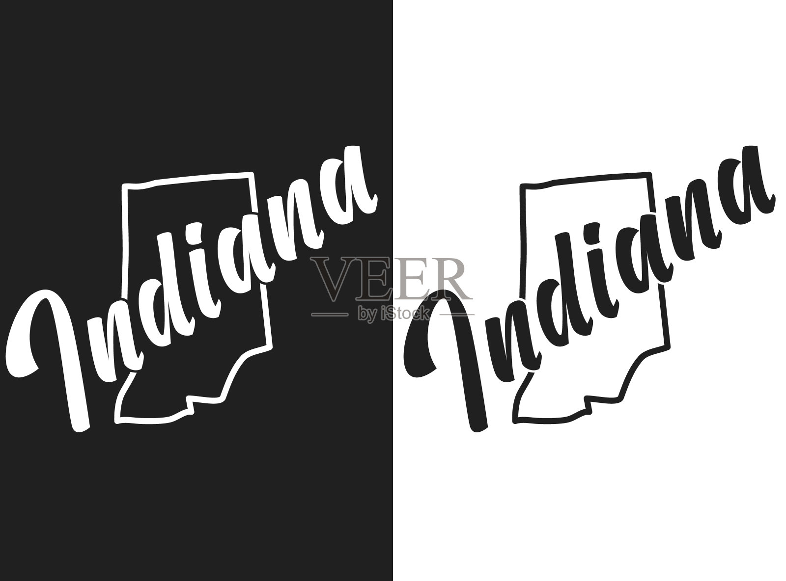 矢量标志的州印第安纳。图示:美国州徽。美利坚合众国领土的文字和轮廓。图片为美国卡片，印刷，装饰，海报，横幅插画图片素材