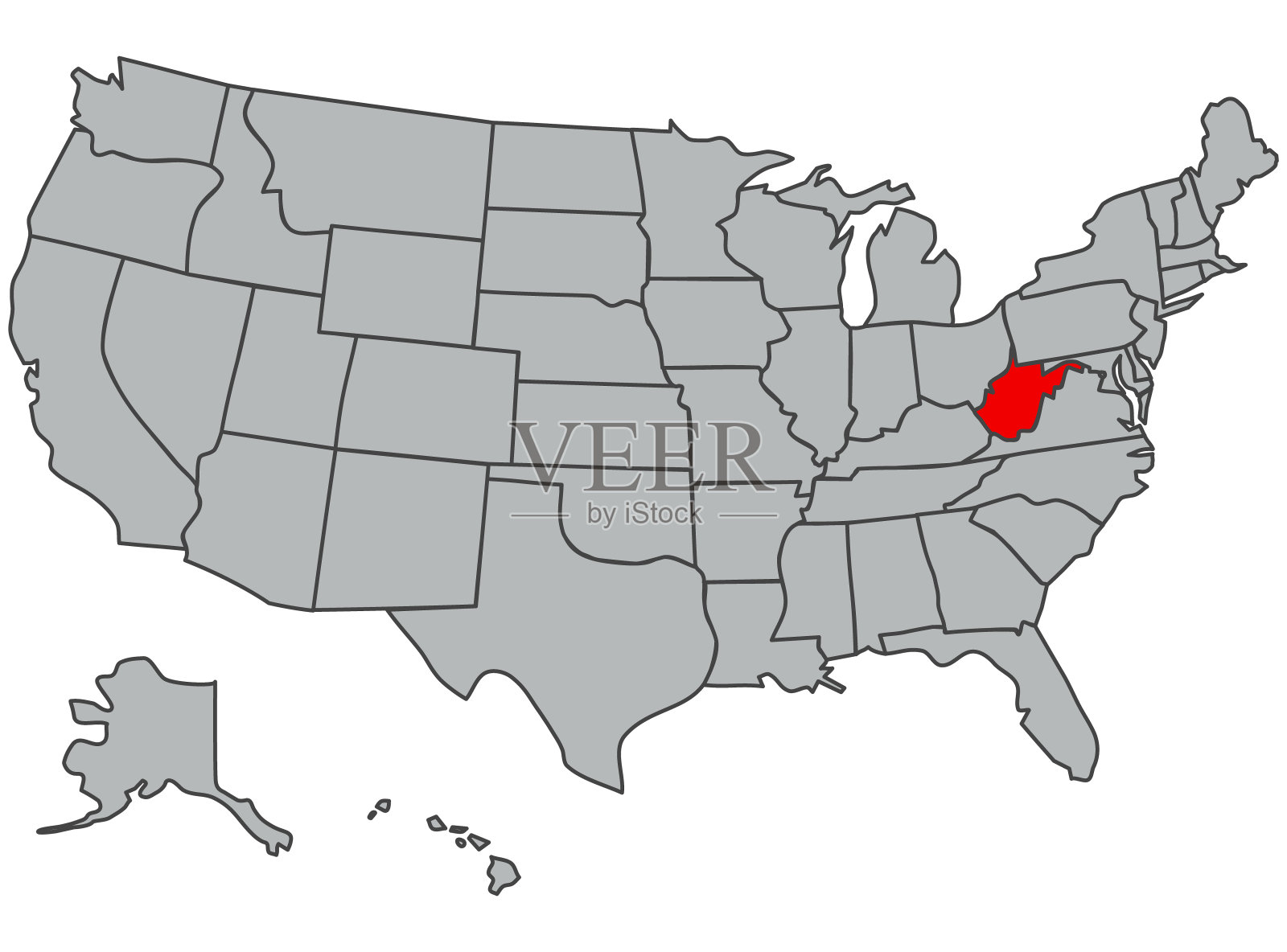 西弗吉尼亚州的插图。矢量地图的美国在灰色。美利坚合众国的轮廓。红色的是美国领土。经济，地理，网络，印刷，文章插画图片素材