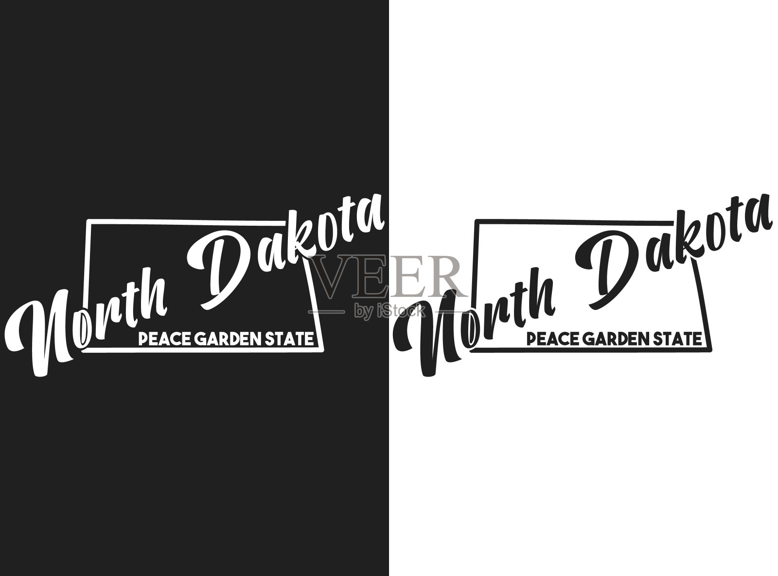 北达科他州矢量图。美国州名的黑白标志。手绘美利坚合众国的徽章。美国字母海报与州的边界印刷和装饰插画图片素材