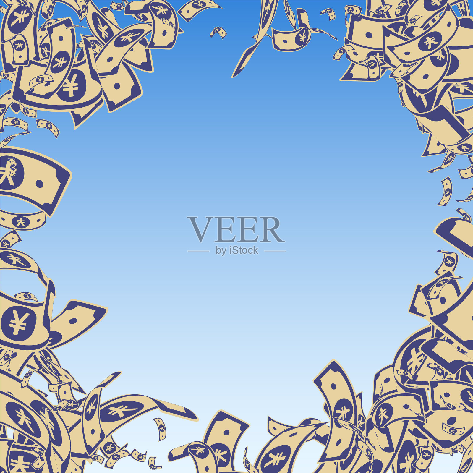 人民币钞票凌乱地落在了蓝色的人民币钞票上插画图片素材