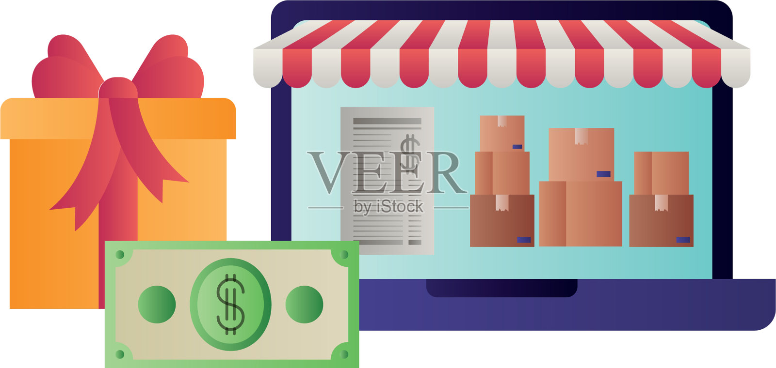 带帐篷和礼物孤立图标的笔记本电脑插画图片素材