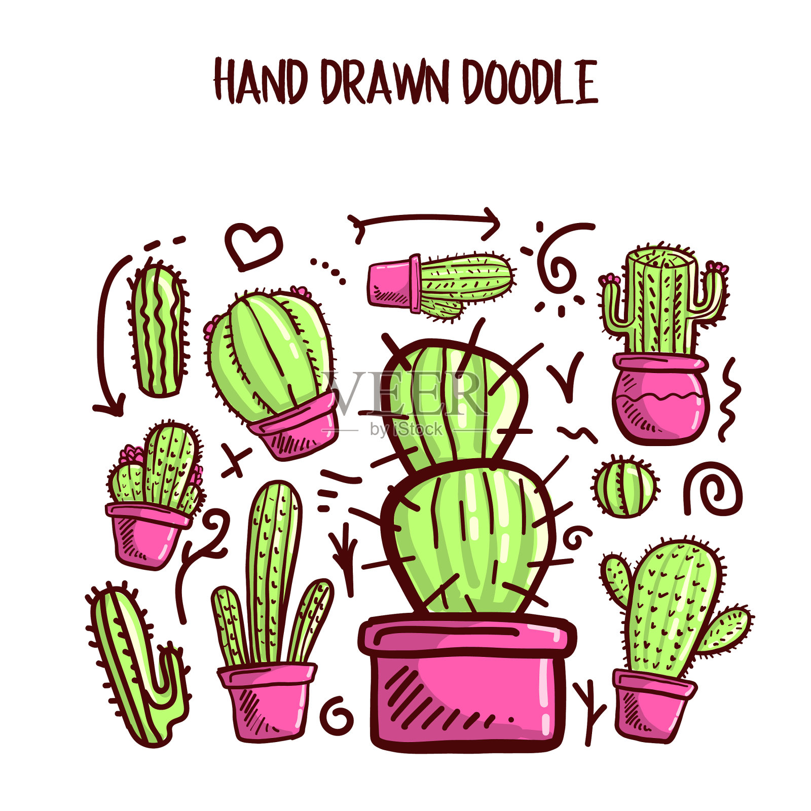 仙人掌和多汁涂鸦集插画图片素材