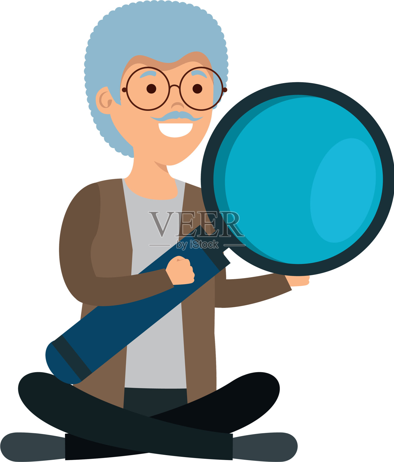 拿着放大镜的莲花姿势的老人设计元素图片
