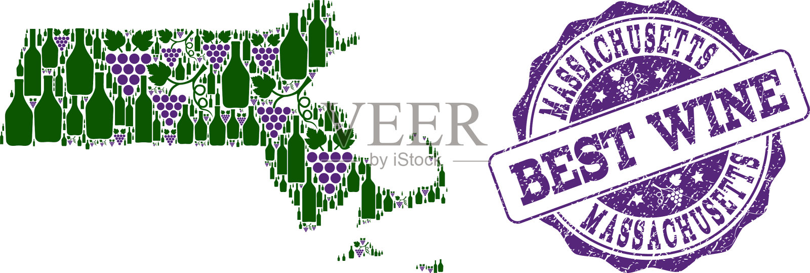 葡萄酒拼贴地图的马萨诸塞州插画图片素材