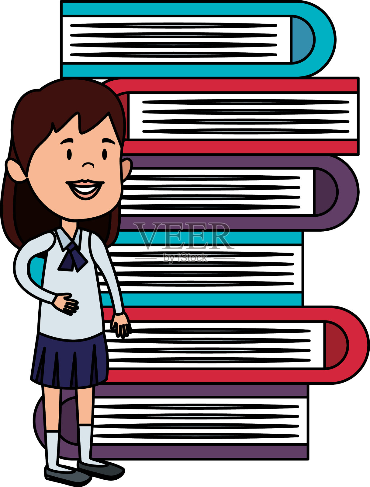 快乐的学生女孩与成堆的课本设计元素图片