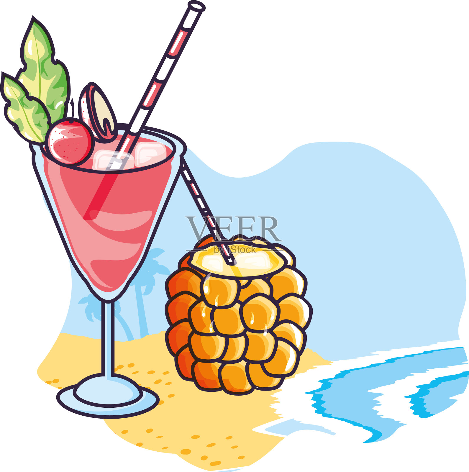 在海滩上设置热带鸡尾酒设计元素图片