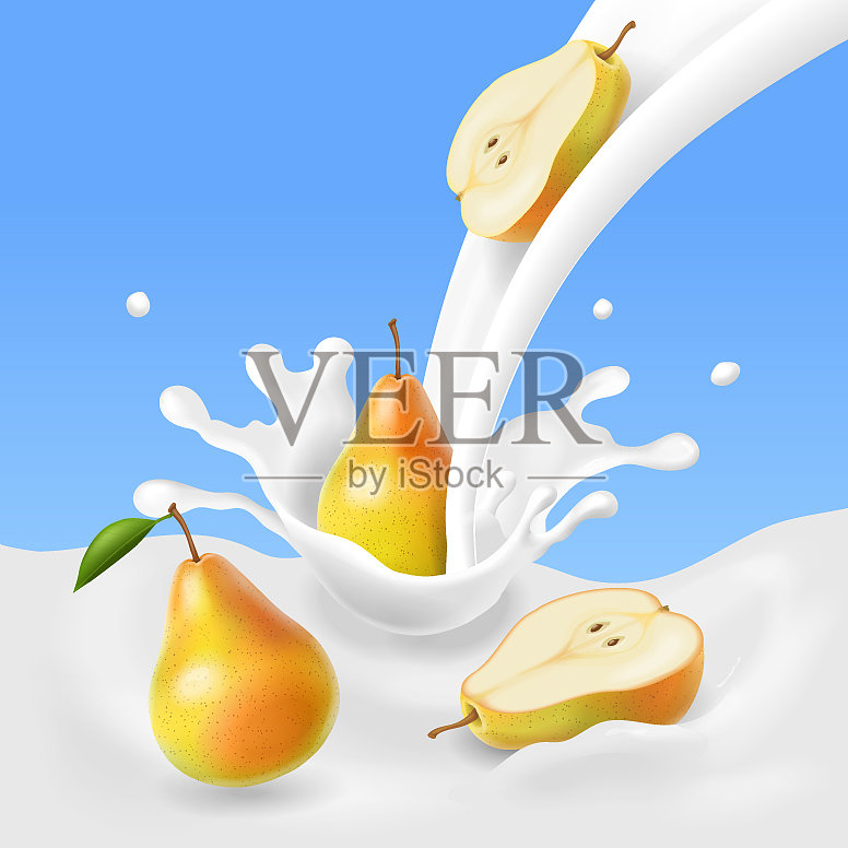 梨子掉进牛奶里溅了一地插画图片素材
