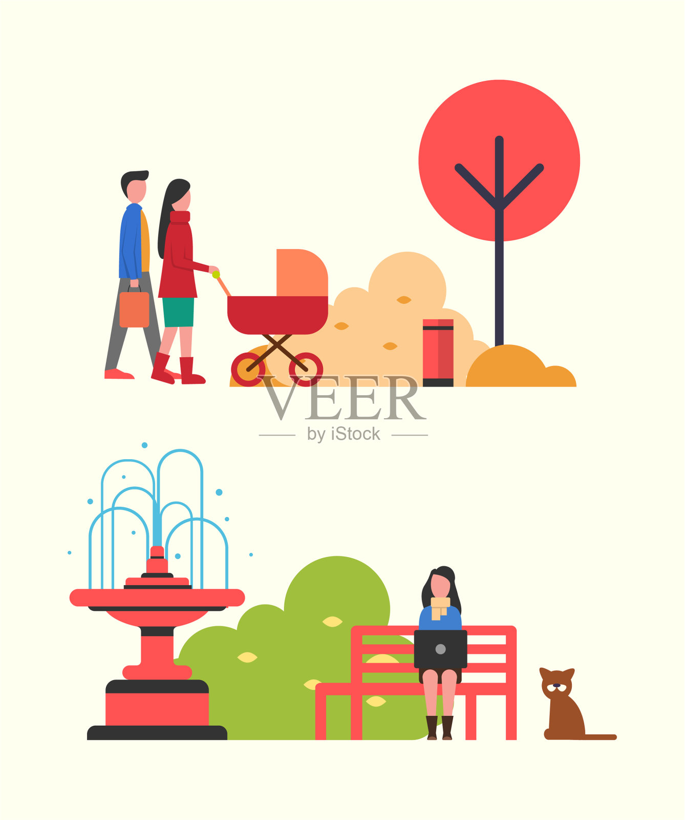 人们在秋天的公园里推着婴儿车散步插画图片素材